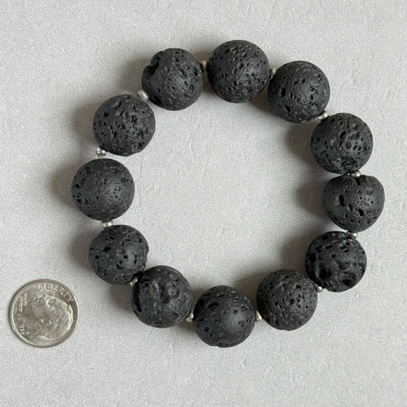 HANDMADE Bracelet Men's Black Lava Rock Beaded 16mm Stretch 6-1/4" - Picture 4 of 6